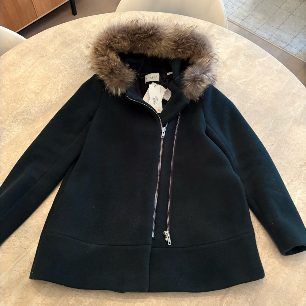 Sandro Black Puffer Jacket with Fur Trim